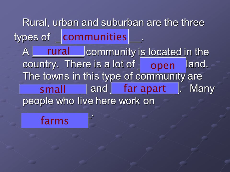 Rural, urban and suburban are the three Rural, urban and suburban are the three types of _______________.