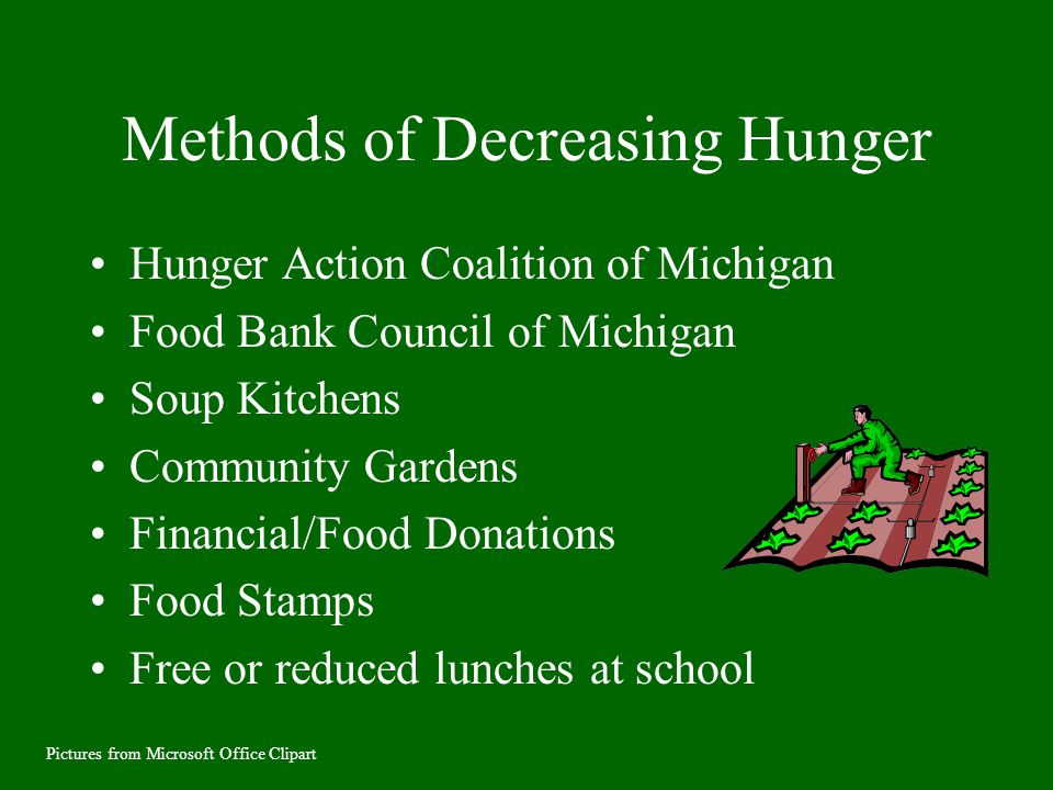 Methods of Decreasing Hunger Hunger Action Coalition of Michigan Food Bank Council of Michigan Soup Kitchens Community Gardens Financial/Food Donations Food Stamps Free or reduced lunches at school Pictures from Microsoft Office Clipart