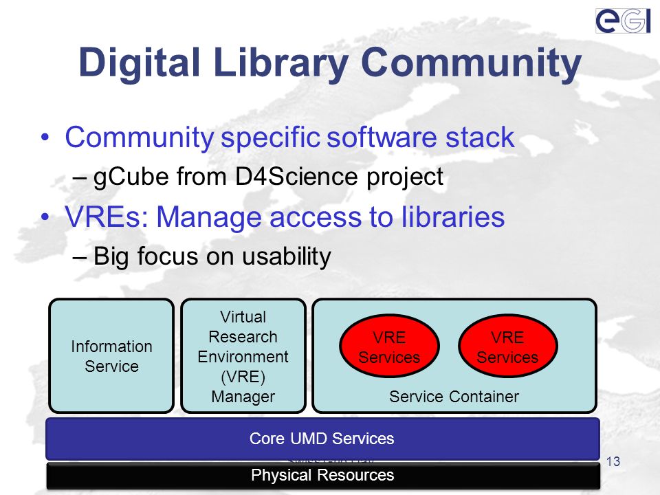 Digital Library Community Community specific software stack –gCube from D4Science project VREs: Manage access to libraries –Big focus on usability Swiss Grid Day13 Physical Resources Core UMD Services Information Service Virtual Research Environment (VRE) Manager Service Container VRE Services VRE Services