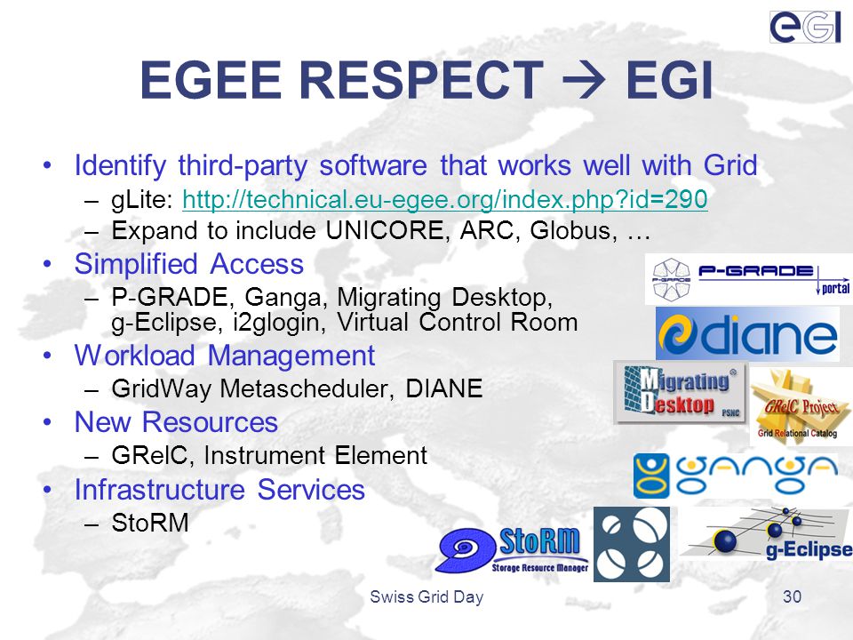 EGEE RESPECT  EGI Identify third-party software that works well with Grid –gLite:   id=290http://technical.eu-egee.org/index.php id=290 –Expand to include UNICORE, ARC, Globus, … Simplified Access –P-GRADE, Ganga, Migrating Desktop, g-Eclipse, i2glogin, Virtual Control Room Workload Management –GridWay Metascheduler, DIANE New Resources –GRelC, Instrument Element Infrastructure Services –StoRM Swiss Grid Day30