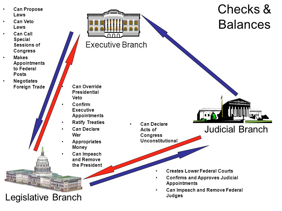 Executive Branch Judicial Branch Legislative Branch Can Propose Laws Can Veto Laws Can Call Special Sessions of Congress Makes Appointments to Federal Posts Negotiates Foreign Trade Can Override Presidential Veto Confirm Executive Appointments Ratify Treaties Can Declare War Appropriates Money Can Impeach and Remove the President Creates Lower Federal Courts Confirms and Approves Judicial Appointments Can Impeach and Remove Federal Judges Can Declare Acts of Congress Unconstitutional Checks & Balances