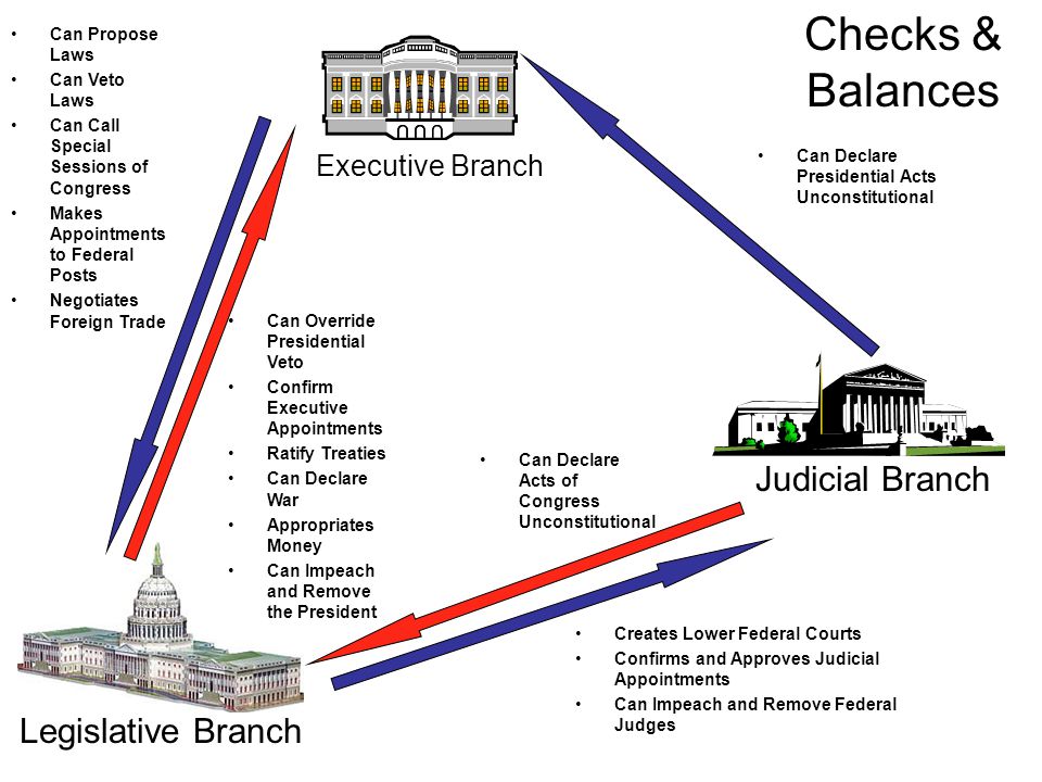 Executive Branch Judicial Branch Legislative Branch Can Declare Presidential Acts Unconstitutional Can Propose Laws Can Veto Laws Can Call Special Sessions of Congress Makes Appointments to Federal Posts Negotiates Foreign Trade Can Override Presidential Veto Confirm Executive Appointments Ratify Treaties Can Declare War Appropriates Money Can Impeach and Remove the President Creates Lower Federal Courts Confirms and Approves Judicial Appointments Can Impeach and Remove Federal Judges Can Declare Acts of Congress Unconstitutional Checks & Balances