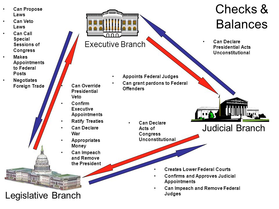 Executive Branch Judicial Branch Legislative Branch Can Declare Presidential Acts Unconstitutional Can Propose Laws Can Veto Laws Can Call Special Sessions of Congress Makes Appointments to Federal Posts Negotiates Foreign Trade Can Override Presidential Veto Confirm Executive Appointments Ratify Treaties Can Declare War Appropriates Money Can Impeach and Remove the President Creates Lower Federal Courts Confirms and Approves Judicial Appointments Can Impeach and Remove Federal Judges Can Declare Acts of Congress Unconstitutional Checks & Balances Appoints Federal Judges Can grant pardons to Federal Offenders