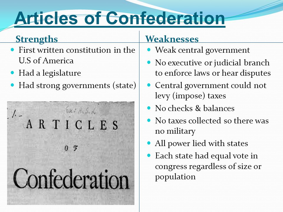 Articles of confederation weaknesses powers high school