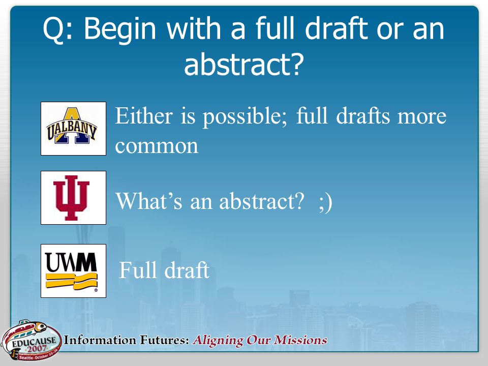 Q: Begin with a full draft or an abstract. Full draft What’s an abstract.