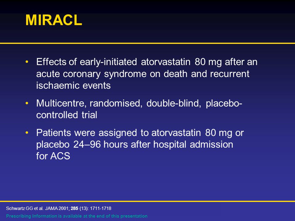 Prescribing Information is available at the end of this presentation MIRACL Effects of early-initiated atorvastatin 80 mg after an acute coronary syndrome on death and recurrent ischaemic events Multicentre, randomised, double-blind, placebo- controlled trial Patients were assigned to atorvastatin 80 mg or placebo 24–96 hours after hospital admission for ACS Schwartz GG et al.