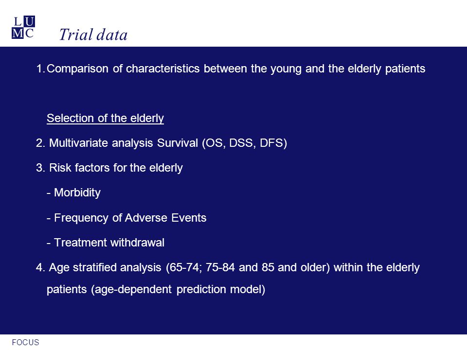 FOCUS Trial data 1.Comparison of characteristics between the young and the elderly patients Selection of the elderly 2.