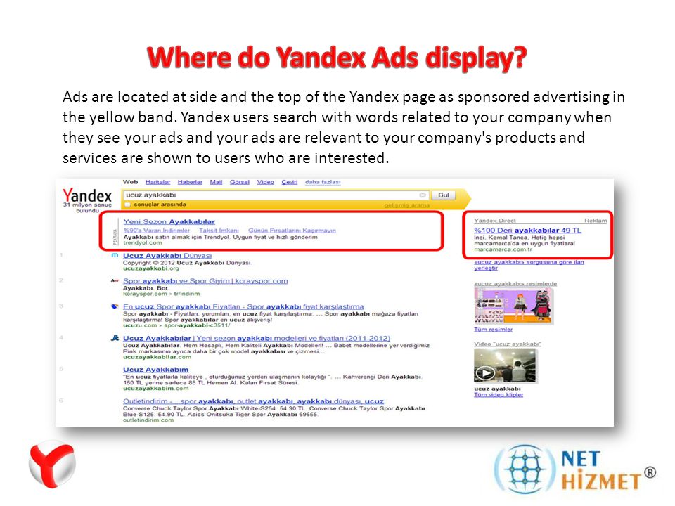 Ads are located at side and the top of the Yandex page as sponsored advertising in the yellow band.