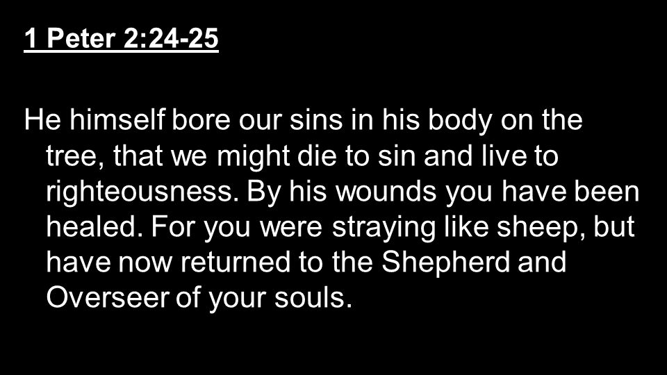 1 Peter 2:24-25 He himself bore our sins in his body on the tree, that we might die to sin and live to righteousness.