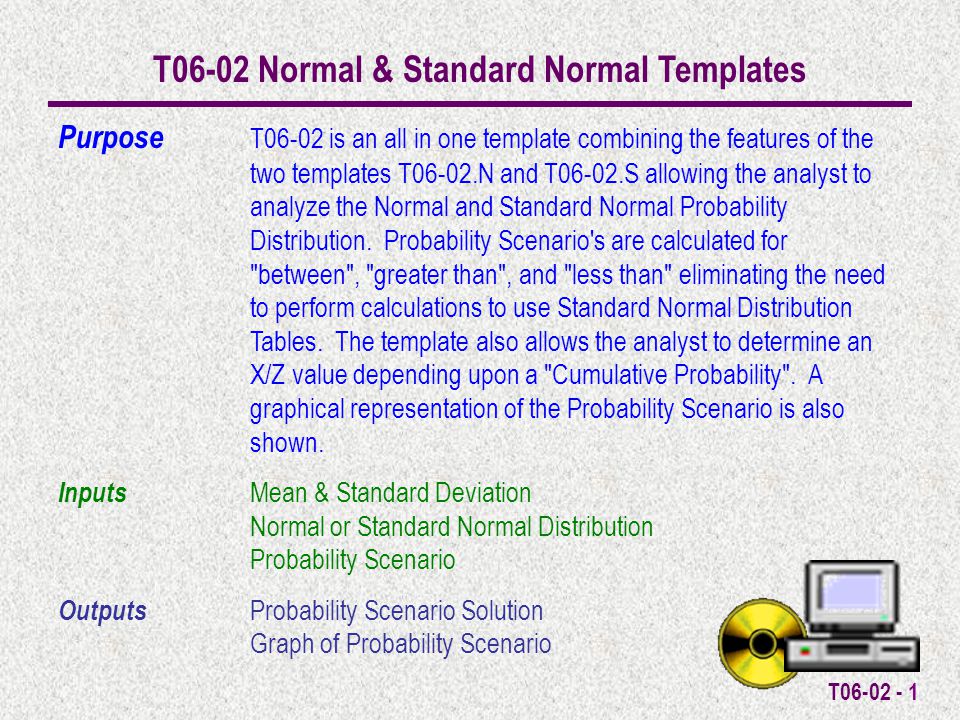 T T06-02 Normal & Standard Normal Templates Purpose T06-02 is an all in one template combining the features of the two templates T06-02.N and T06-02.S allowing the analyst to analyze the Normal and Standard Normal Probability Distribution.