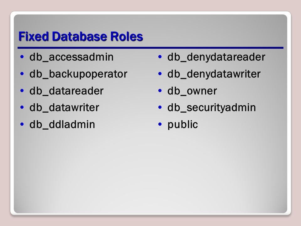 Fixed Database Roles db_accessadmin db_backupoperator db_datareader db_datawriter db_ddladmin db_denydatareader db_denydatawriter db_owner db_securityadmin public