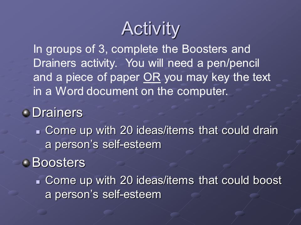 Activity Drainers Come up with 20 ideas/items that could drain a person’s self-esteem Come up with 20 ideas/items that could drain a person’s self-esteemBoosters Come up with 20 ideas/items that could boost a person’s self-esteem Come up with 20 ideas/items that could boost a person’s self-esteem In groups of 3, complete the Boosters and Drainers activity.