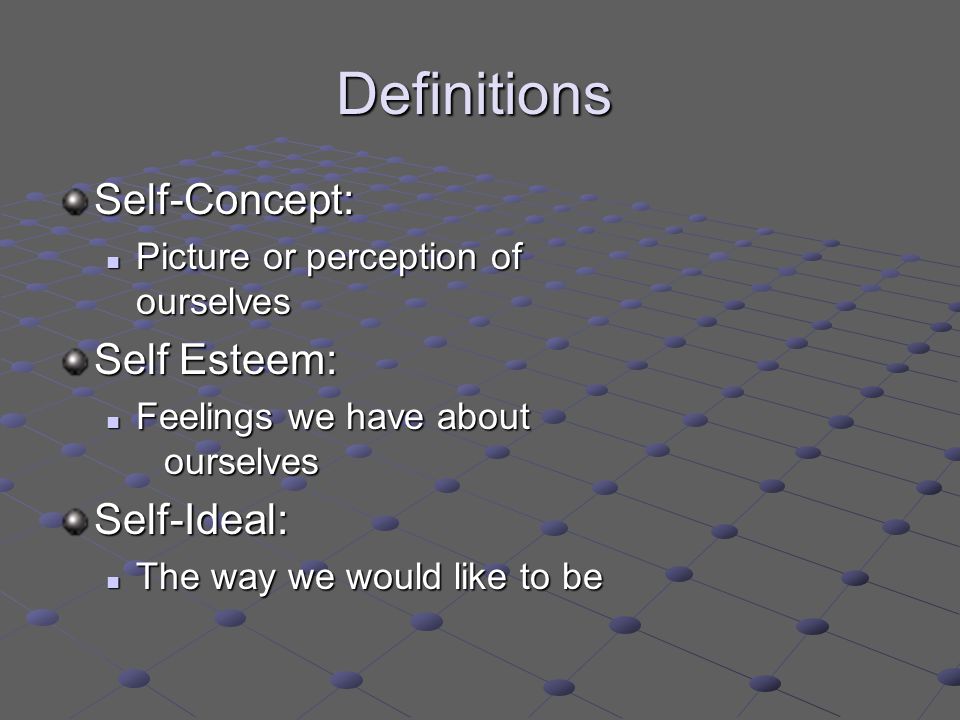 Definitions Self-Concept: Picture or perception of ourselves Picture or perception of ourselves Self Esteem: Feelings we have about ourselves Feelings we have about ourselvesSelf-Ideal: The way we would like to be The way we would like to be