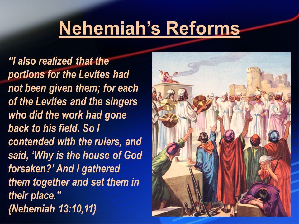 I also realized that the portions for the Levites had not been given them; for each of the Levites and the singers who did the work had gone back to his field.