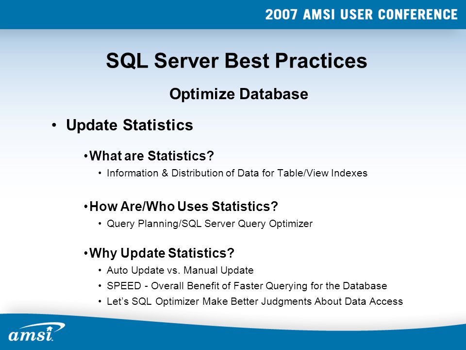 SQL Server Best Practices Update Statistics Optimize Database What are Statistics.