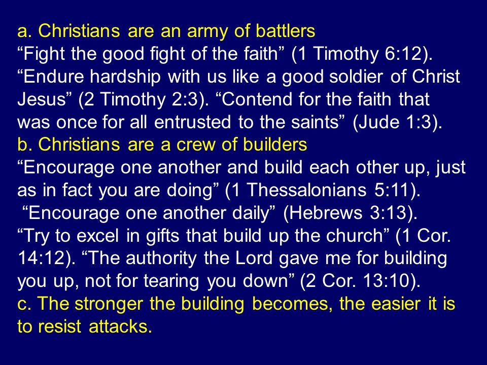 a. Christians are an army of battlers Fight the good fight of the faith (1 Timothy 6:12).