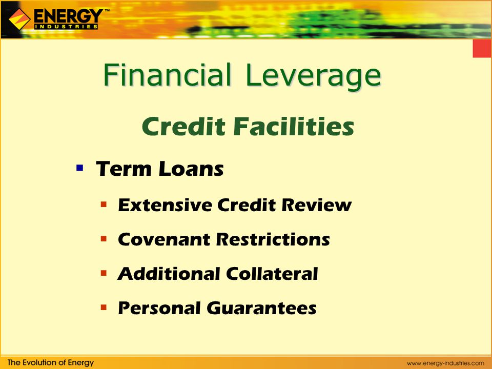Financial Leverage Credit Facilities  Term Loans  Extensive Credit Review  Covenant Restrictions  Additional Collateral  Personal Guarantees
