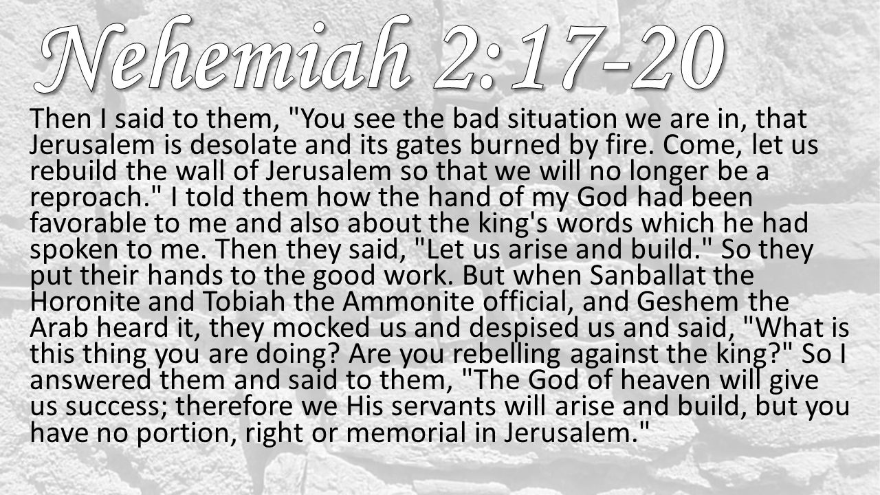 Then I said to them, You see the bad situation we are in, that Jerusalem is desolate and its gates burned by fire.