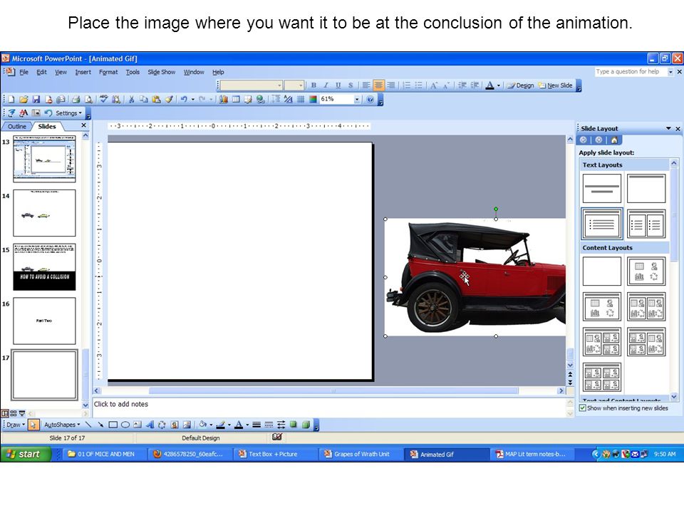 Place the image where you want it to be at the conclusion of the animation.