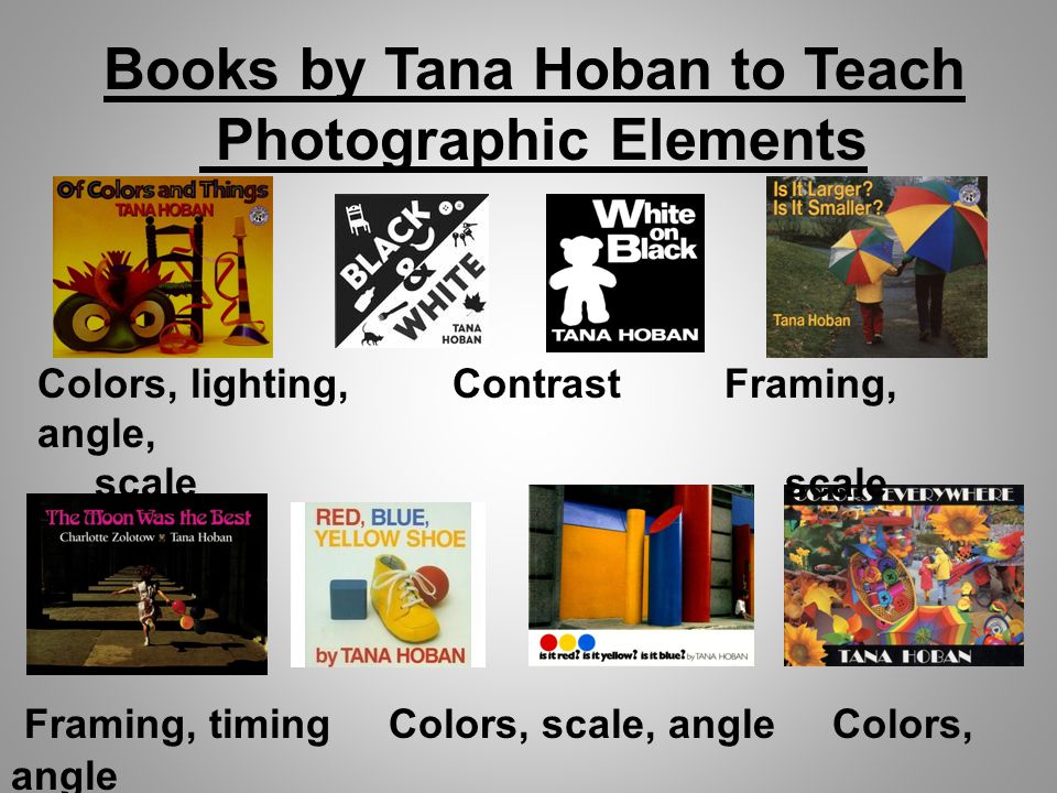 Books by Tana Hoban to Teach Photographic Elements Colors, lighting, Contrast Framing, angle, scale scale Framing, timing Colors, scale, angle Colors, angle