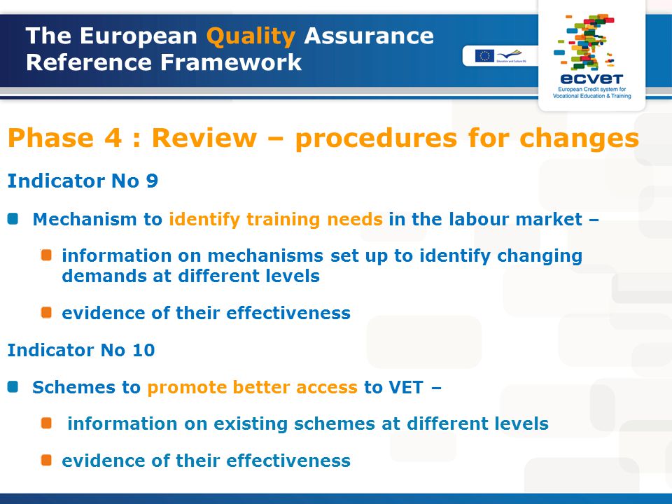 The European Quality Assurance Reference Framework Phase 4 : Review – procedures for changes Indicator No 9 Mechanism to identify training needs in the labour market – information on mechanisms set up to identify changing demands at different levels evidence of their effectiveness Indicator No 10 Schemes to promote better access to VET – information on existing schemes at different levels evidence of their effectiveness