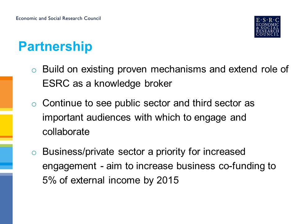 Partnership o Build on existing proven mechanisms and extend role of ESRC as a knowledge broker o Continue to see public sector and third sector as important audiences with which to engage and collaborate o Business/private sector a priority for increased engagement - aim to increase business co-funding to 5% of external income by 2015