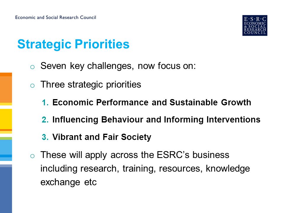 Strategic Priorities o Seven key challenges, now focus on: o Three strategic priorities 1.