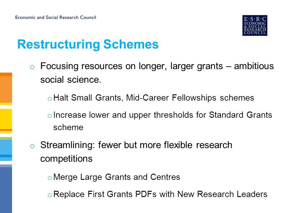 Restructuring Schemes o Focusing resources on longer, larger grants – ambitious social science.