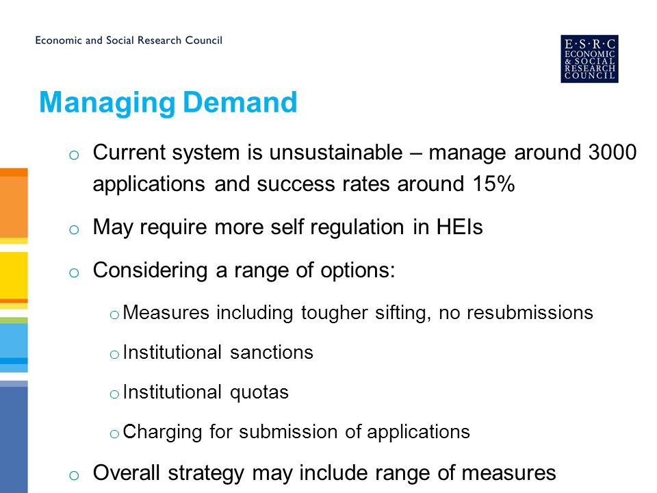Managing Demand o Current system is unsustainable – manage around 3000 applications and success rates around 15% o May require more self regulation in HEIs o Considering a range of options: o Measures including tougher sifting, no resubmissions o Institutional sanctions o Institutional quotas o Charging for submission of applications o Overall strategy may include range of measures