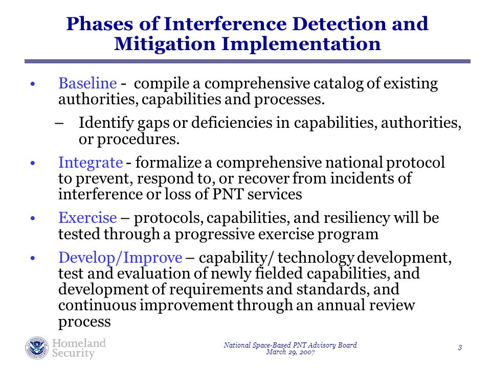National Space-Based PNT Advisory Board March 29, Phases of Interference Detection and Mitigation Implementation Baseline - compile a comprehensive catalog of existing authorities, capabilities and processes.
