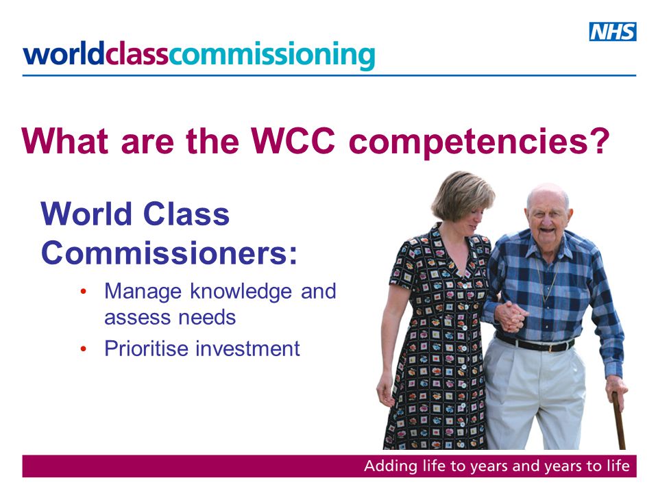 World Class Commissioners: Manage knowledge and assess needs Prioritise investment What are the WCC competencies