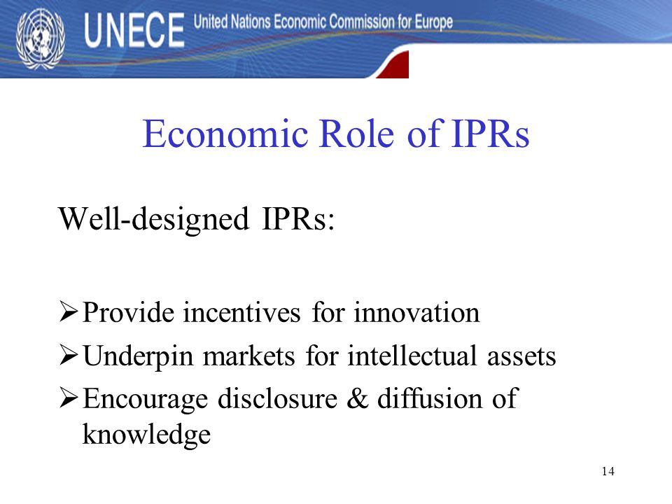14 Economic Role of IPRs Well-designed IPRs:  Provide incentives for innovation  Underpin markets for intellectual assets  Encourage disclosure & diffusion of knowledge
