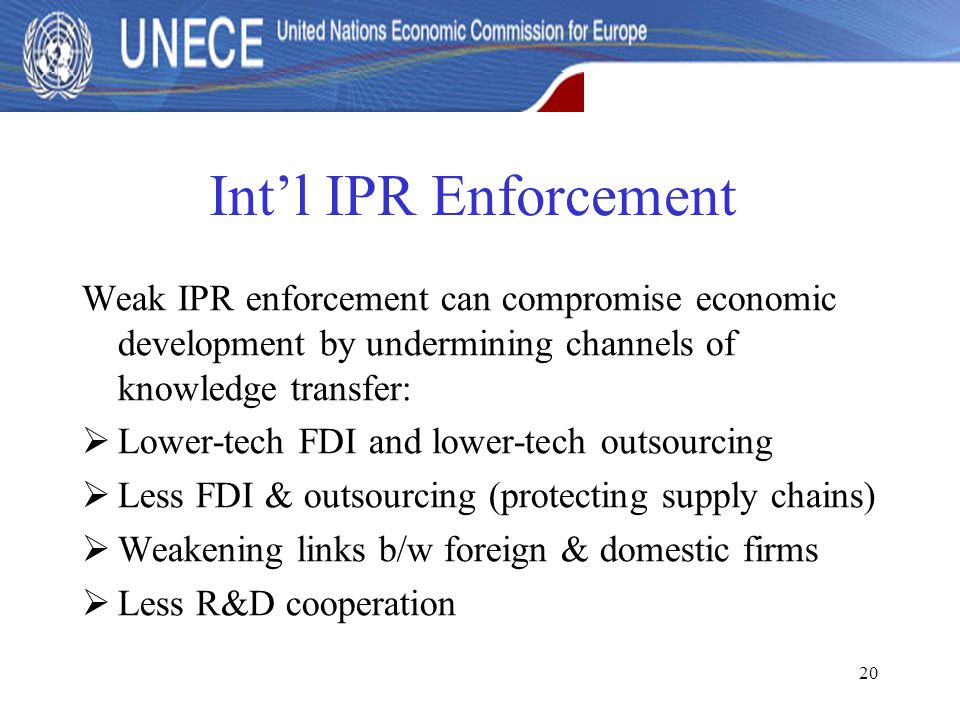 20 Int’l IPR Enforcement Weak IPR enforcement can compromise economic development by undermining channels of knowledge transfer:  Lower-tech FDI and lower-tech outsourcing  Less FDI & outsourcing (protecting supply chains)  Weakening links b/w foreign & domestic firms  Less R&D cooperation
