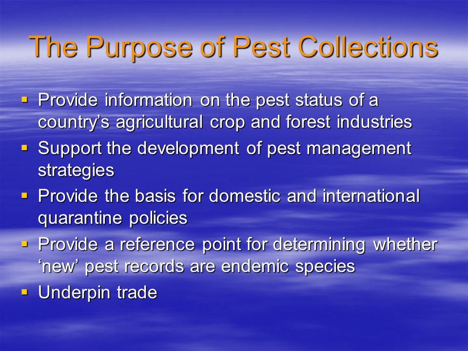 The Purpose of Pest Collections  Provide information on the pest status of a country’s agricultural crop and forest industries  Support the development of pest management strategies  Provide the basis for domestic and international quarantine policies  Provide a reference point for determining whether ‘new’ pest records are endemic species  Underpin trade
