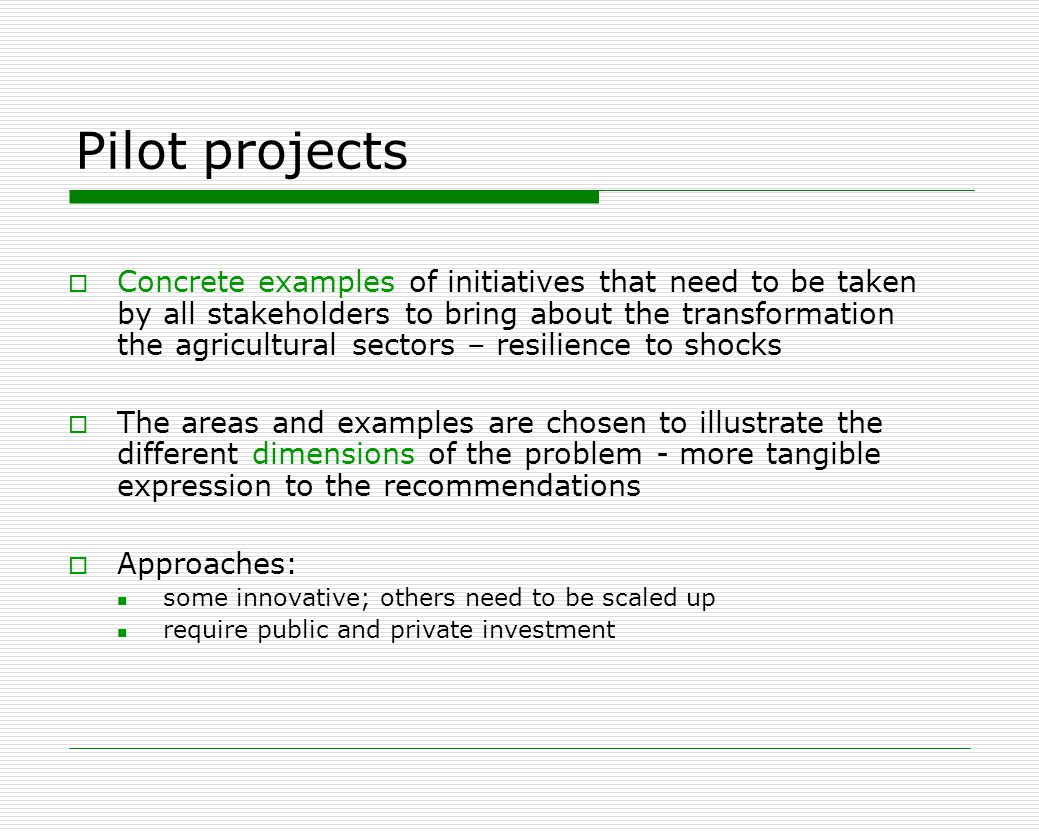 Pilot projects  Concrete examples of initiatives that need to be taken by all stakeholders to bring about the transformation the agricultural sectors – resilience to shocks  The areas and examples are chosen to illustrate the different dimensions of the problem - more tangible expression to the recommendations  Approaches: some innovative; others need to be scaled up require public and private investment