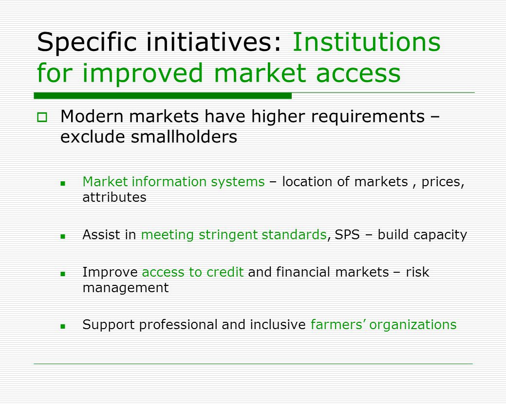 Specific initiatives: Institutions for improved market access  Modern markets have higher requirements – exclude smallholders Market information systems – location of markets, prices, attributes Assist in meeting stringent standards, SPS – build capacity Improve access to credit and financial markets – risk management Support professional and inclusive farmers’ organizations
