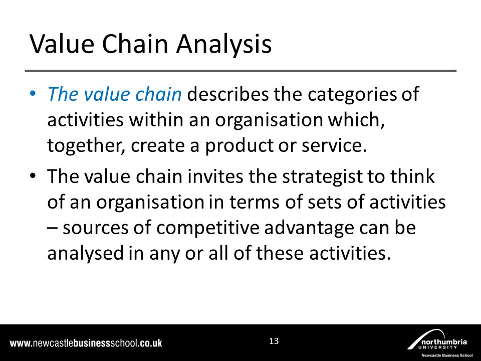 The value chain describes the categories of activities within an organisation which, together, create a product or service.