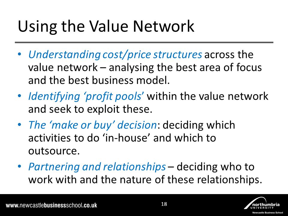 Understanding cost/price structures across the value network – analysing the best area of focus and the best business model.