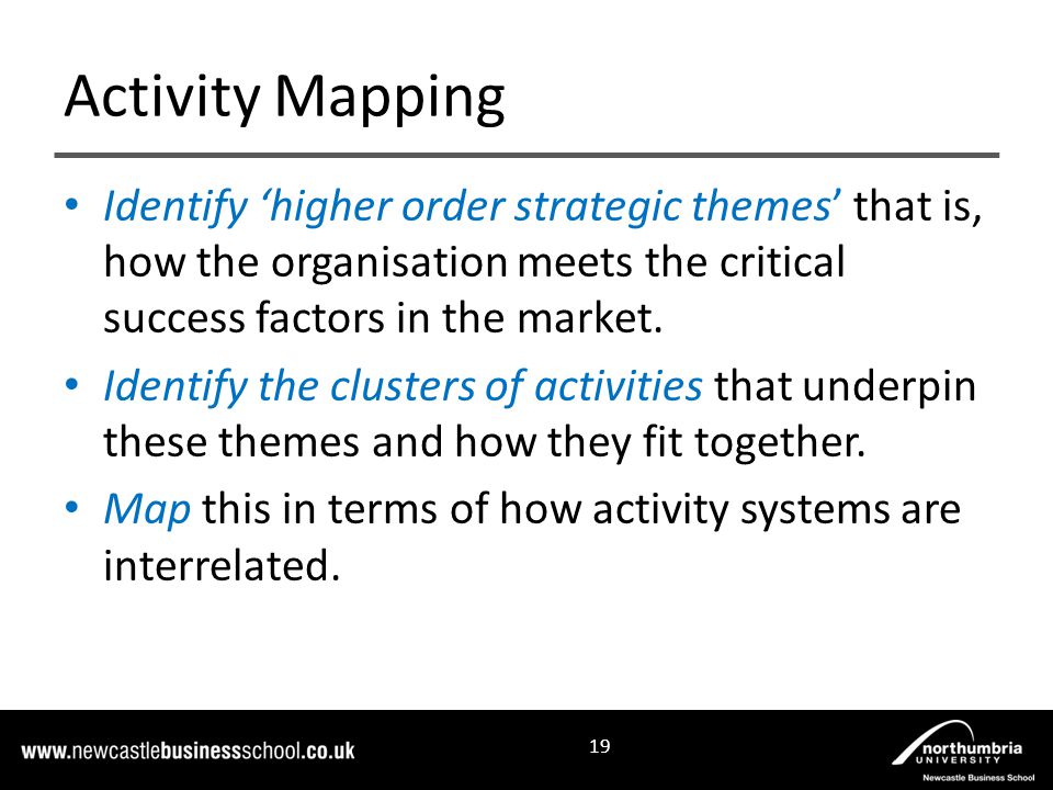 Identify ‘higher order strategic themes’ that is, how the organisation meets the critical success factors in the market.