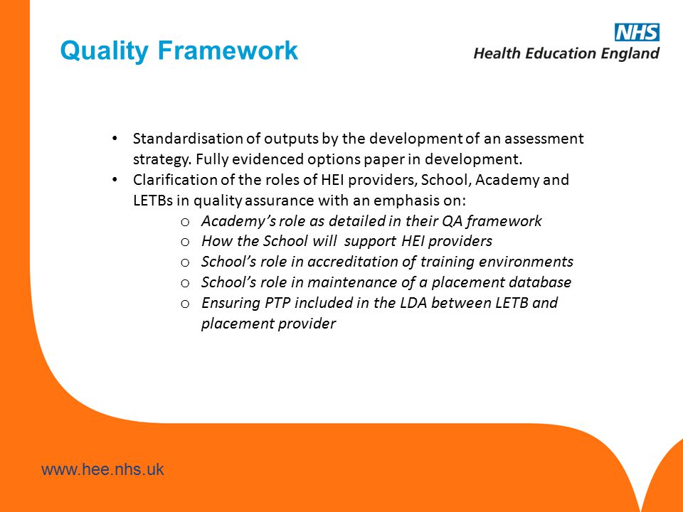 Quality Framework Standardisation of outputs by the development of an assessment strategy.