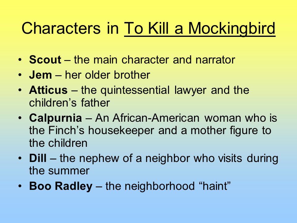 Characters in To Kill a Mockingbird Scout – the main character and narrator Jem – her older brother Atticus – the quintessential lawyer and the children’s father Calpurnia – An African-American woman who is the Finch’s housekeeper and a mother figure to the children Dill – the nephew of a neighbor who visits during the summer Boo Radley – the neighborhood haint