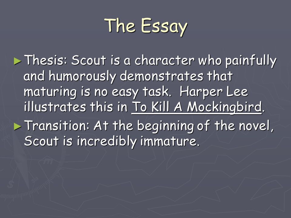 scout character essay To kill a mockingbird essay introduction to kill a mockingbird - 883 words to kill a mockingbird jem, scout, and dill live in maycomb, alabama around the 1930’s. scout character essay To kill a mockingbird essay introduction to kill a mockingbird - 883 words to kill a mockingbird jem, scout, and dill live in maycomb, alabama around the 1930’s.