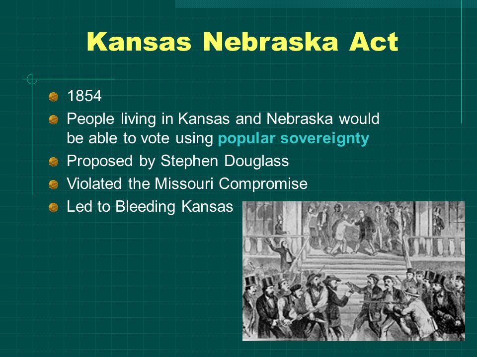 Kansas Nebraska Act 1854 People living in Kansas and Nebraska would be able to vote using popular sovereignty Proposed by Stephen Douglass Violated the Missouri Compromise Led to Bleeding Kansas