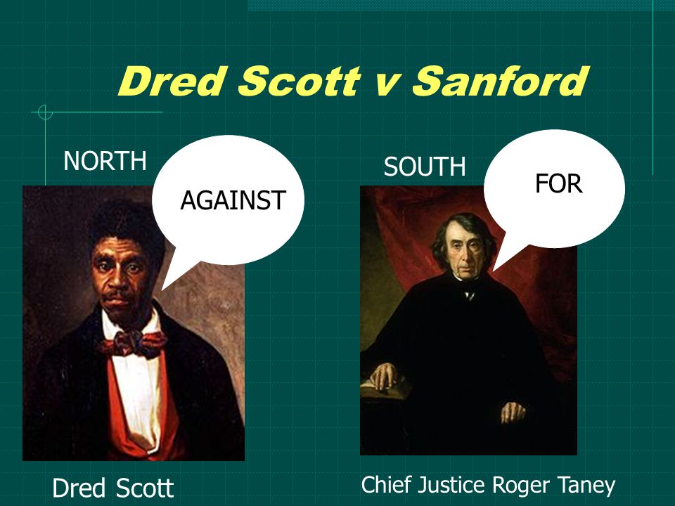 Dred Scott v Sanford NORTH SOUTH Dred Scott Chief Justice Roger Taney AGAINST FOR