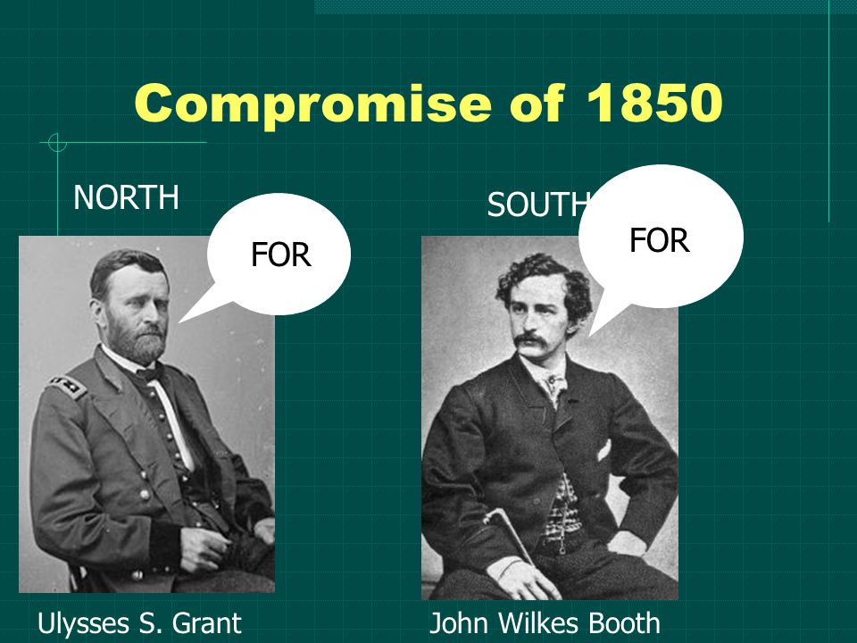 Compromise of 1850 NORTH SOUTH Ulysses S. GrantJohn Wilkes Booth FOR