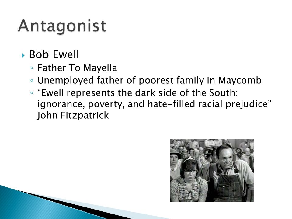  Bob Ewell ◦ Father To Mayella ◦ Unemployed father of poorest family in Maycomb ◦ Ewell represents the dark side of the South: ignorance, poverty, and hate-filled racial prejudice John Fitzpatrick