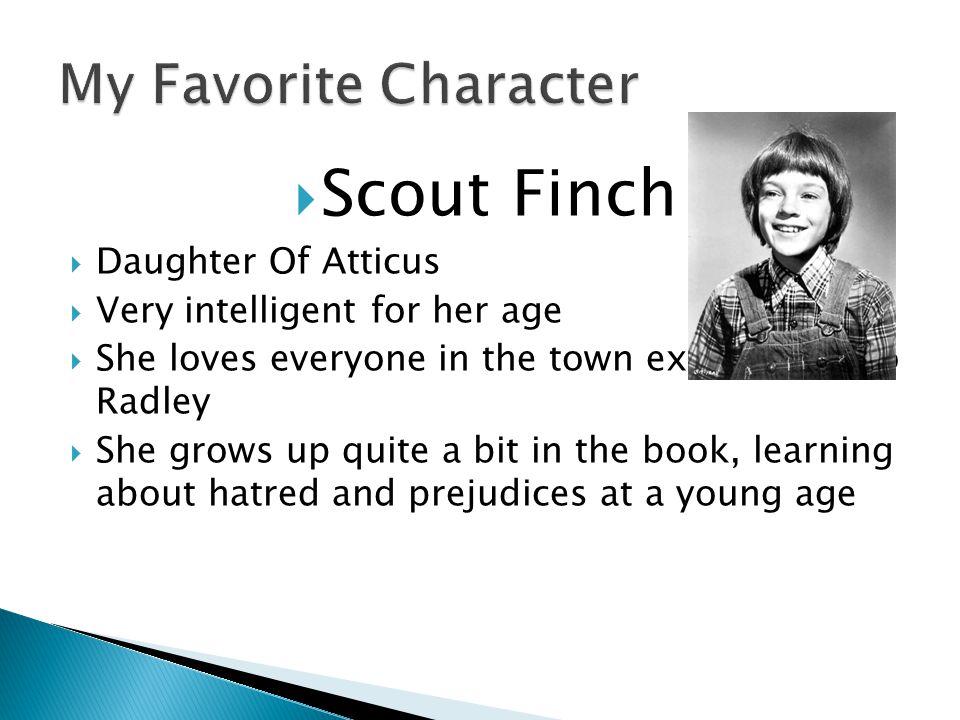  Scout Finch  Daughter Of Atticus  Very intelligent for her age  She loves everyone in the town except for Boo Radley  She grows up quite a bit in the book, learning about hatred and prejudices at a young age