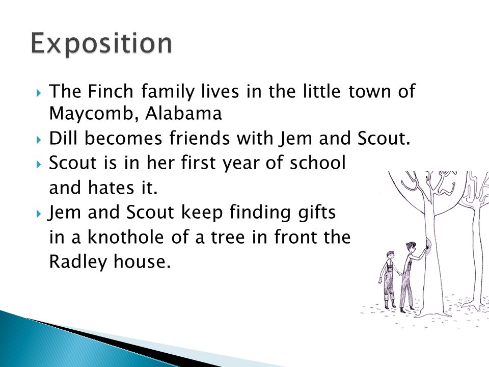  The Finch family lives in the little town of Maycomb, Alabama  Dill becomes friends with Jem and Scout.