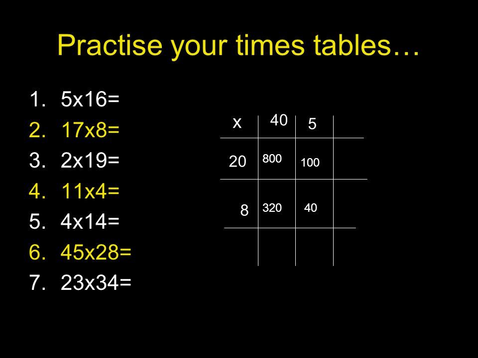 Practise your times tables… 1.5x16= 2.17x8= 3.2x19= 4.11x4= 5.4x14= 6.45x28= 7.23x34= x
