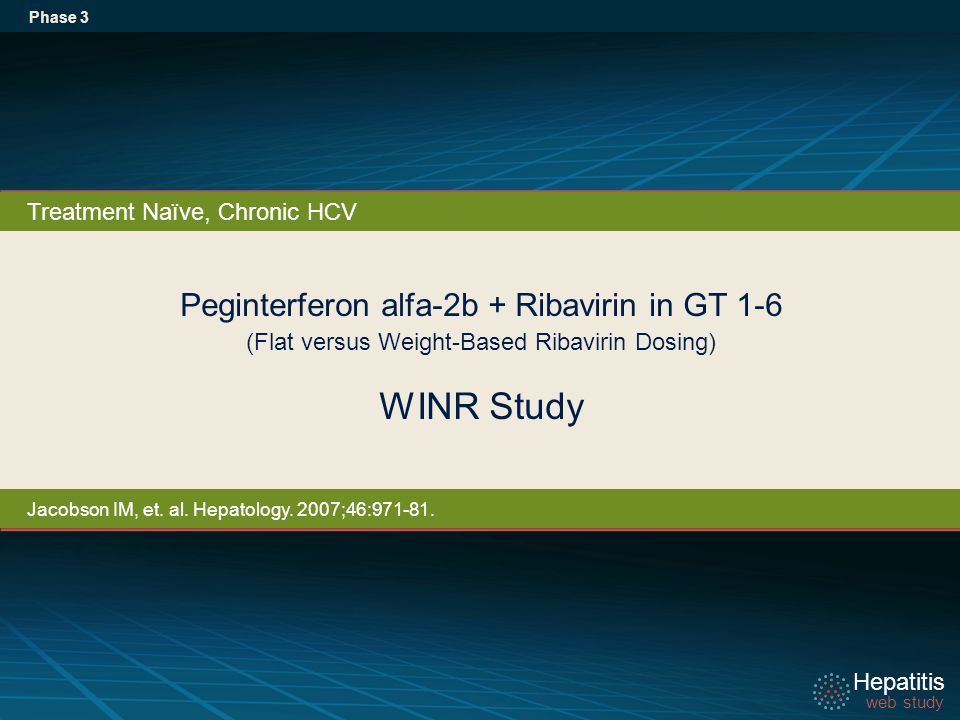 Hepatitis web study Hepatitis web study Peginterferon alfa-2b + Ribavirin in GT 1-6 (Flat versus Weight-Based Ribavirin Dosing) WINR Study Phase 3 Treatment Naïve, Chronic HCV Jacobson IM, et.